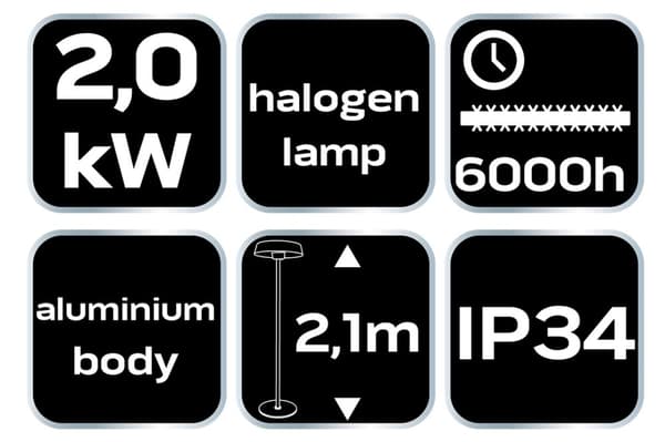Gulvvarmer 1000W/2000W, aluminium, IP34, halogenlampe varmelegeme, højde 2,1 m, uden fjernbetjening