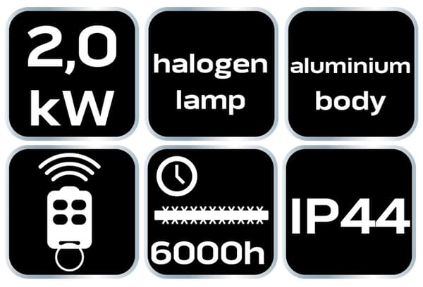 Kattolämmitin 2000W, alumiini, kaukosäätimellä, kytkin, halogeenilampun lämmityselementti