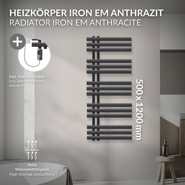 Design badeværelsesradiator Iron EM 500x1200 mm antracit LuxeBath