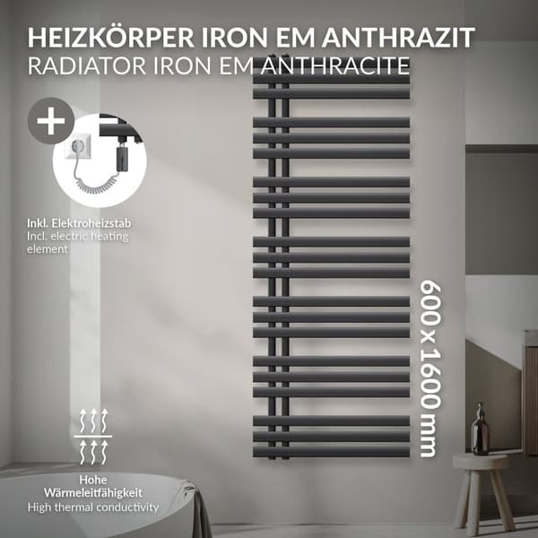 Design badrumsradiator Järn EM 600x1600 mm antracit Luxe Bath