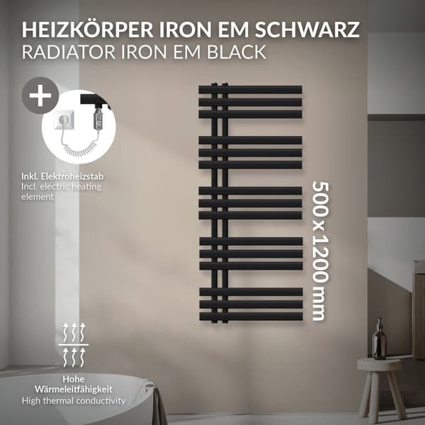 Design kylpyhuoneen patteri Iron EM 500x1200 mm musta matta Luxe Bath