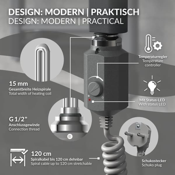 ML-Design Lämpövastus 1200W Kromi termostaatilla ja LCD-näytöllä; elektroninen lämpötilansäädin ja ajastustoiminto; lämmityspatruuna kylpyhuoneen
