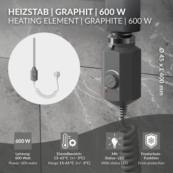 Varmeelement 600W Krom med termostat og LCD-skærm ML-design