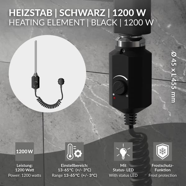 1200W kromat värmeelement med termostat och LCD-skärm ML-design