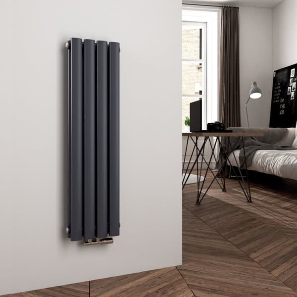 EMKE varmtvandsradiator 90x24cm - oval, central tilslutning, antracitgrå, 373W (dobbeltlag)