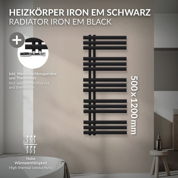 LuxeBath badeværelsesradiator Iron EM 500x1200 mm sort mat centertilslutning med tilslutningssæt og termostat hjørne væg krom, radiator badeværelse