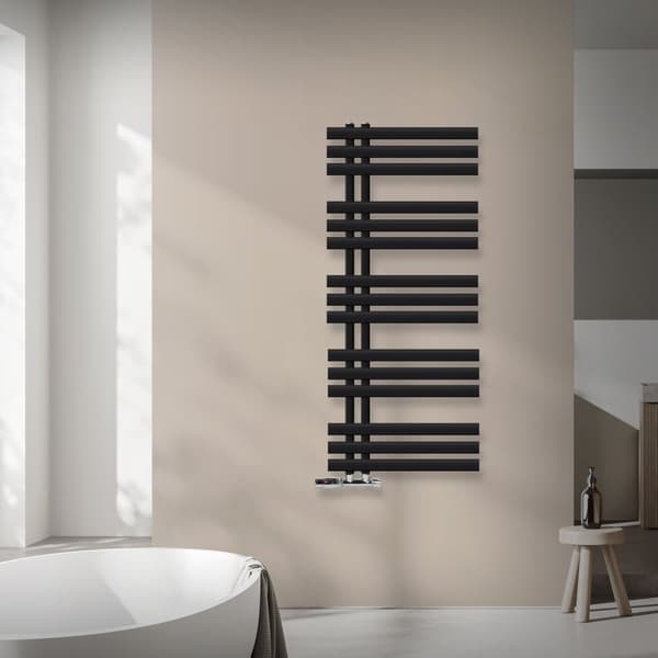 LuxeBath badeværelsesradiator Iron EM 500x1200 mm sort mat centertilslutning med tilslutningssæt og termostat hjørne væg krom, radiator badeværelse