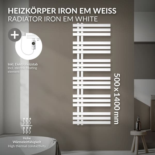 LuxeBath sähköinen kylpyhuoneen patteri Iron EM 500x1400 mm valkoinen lämmityselementti 1200W termostaatti digitaalinen näyttö, pyyhepatteri