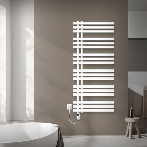 LuxeBath elektrisk badeværelsesradiator Iron EM 600x1400 mm hvid med varmeelement 900W termostat digitalt display, håndklæderadiator med varmepatron,