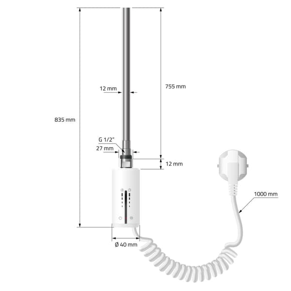 LuxeBath elektrisk badrumsradiator IronEM 600x1600 mm vit + värmeelement 1200W med termostat touchkontroll, handduksradiator med värmepatron,