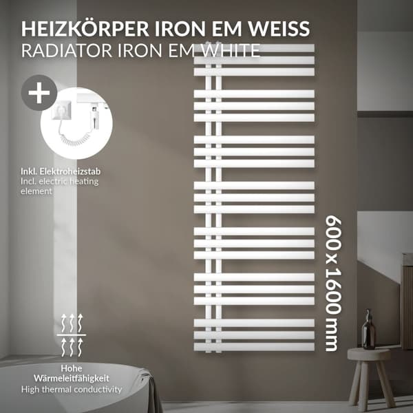 LuxeBath elektrisk badrumsradiator IronEM 600x1600 mm vit + värmeelement 1200W med termostat touchkontroll, handduksradiator med värmepatron,
