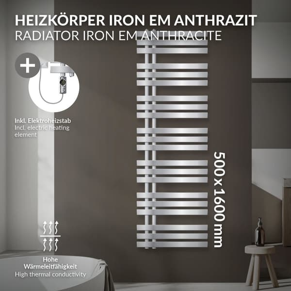 LuxeBath elektrisk badrumsradiator Iron EM 500x1600 mm krom med värmeelement 1200W termostat digital display, handduksradiator med värmepatron,