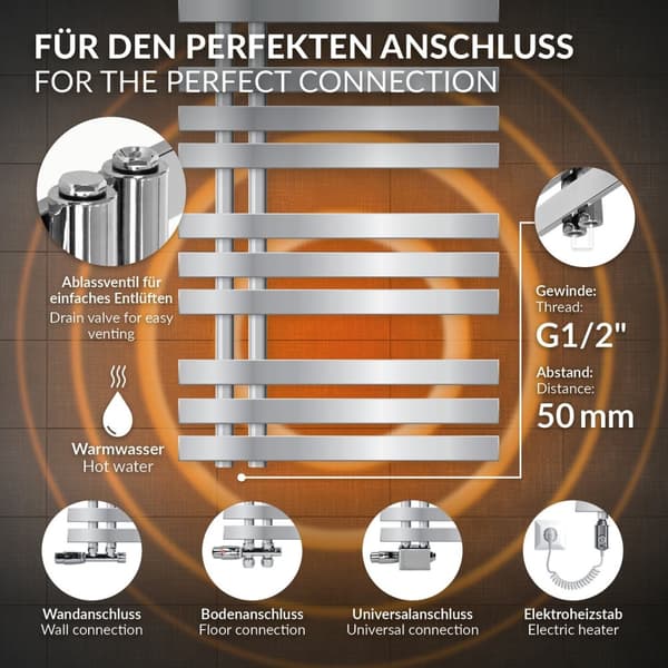 LuxeBath elektrisk badrumsradiator Iron EM 600x1600 mm krom med värmeelement 900W termostat digital display, handduksradiator med värmepatron,