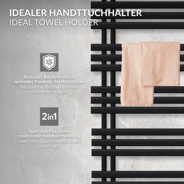 LuxeBath elektrisk badrumsradiator Iron EM 500 x 1400 mm svart matt inkl. värmeelement krom 900W med termostat enkel, handdukstork med värmepatron,