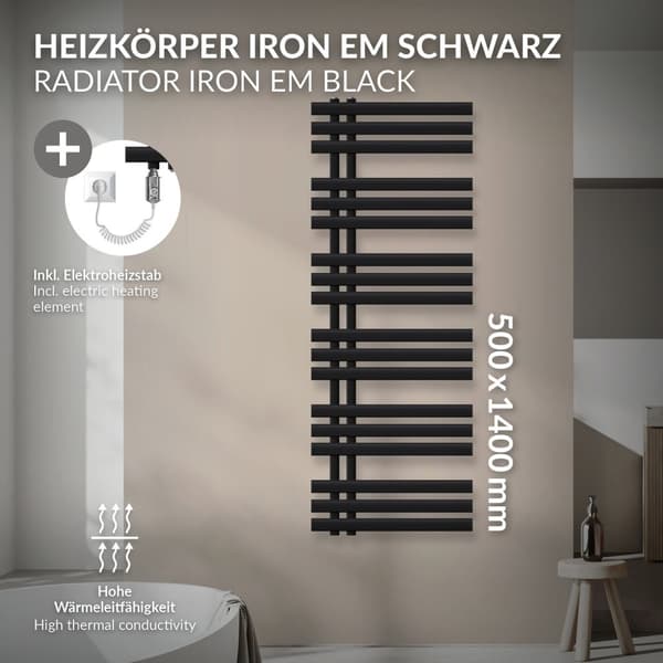 LuxeBath elektrisk badrumsradiator Iron EM 500 x 1400 mm svart matt inkl. värmeelement krom 900W med termostat enkel, handdukstork med värmepatron,