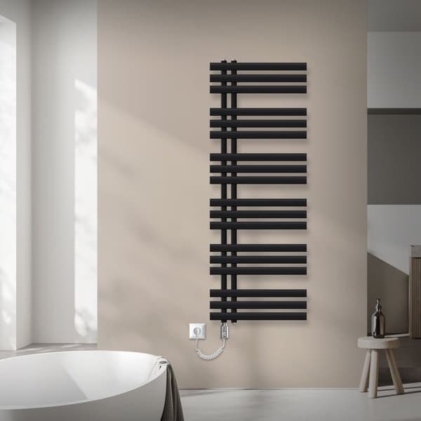 LuxeBath elektrisk badrumsradiator Iron EM 500 x 1400 mm svart matt inkl. värmeelement krom 900W med termostat enkel, handdukstork med värmepatron,