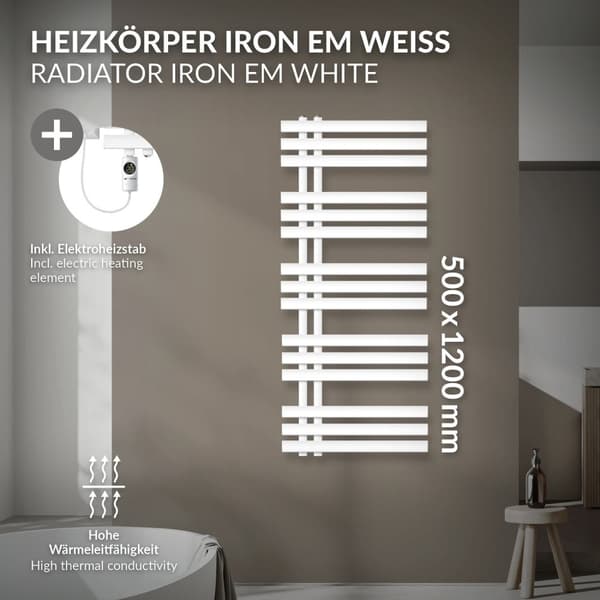 LuxeBath elektrisk badrumsradiator Iron EM 500x1200 mm vit med värmeelement 900W termostat digital display, handduksradiator med värmepatron,