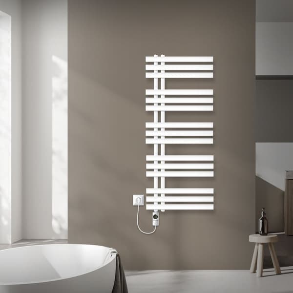 LuxeBath elektrisk badrumsradiator Iron EM 500x1200 mm vit med värmeelement 900W termostat digital display, handduksradiator med värmepatron,