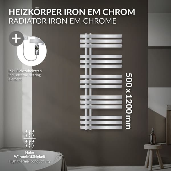 LuxeBath sähköinen kylpyhuoneen patteri Iron EM 500x1200 mm kromi kromi lämmityselementillä 1200W termostaatti digitaalinen näyttö, pyyhepatteri