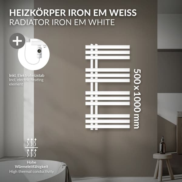 LuxeBath elektrisk badrumsradiator Iron EM 500x1000mm vit + värmeelement 600W termostat digital display, handduksradiator med värmepatron, elektrisk