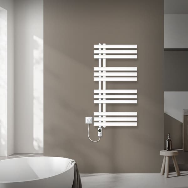 LuxeBath elektrisk badrumsradiator Iron EM 500x1000mm vit + värmeelement 600W termostat digital display, handduksradiator med värmepatron, elektrisk