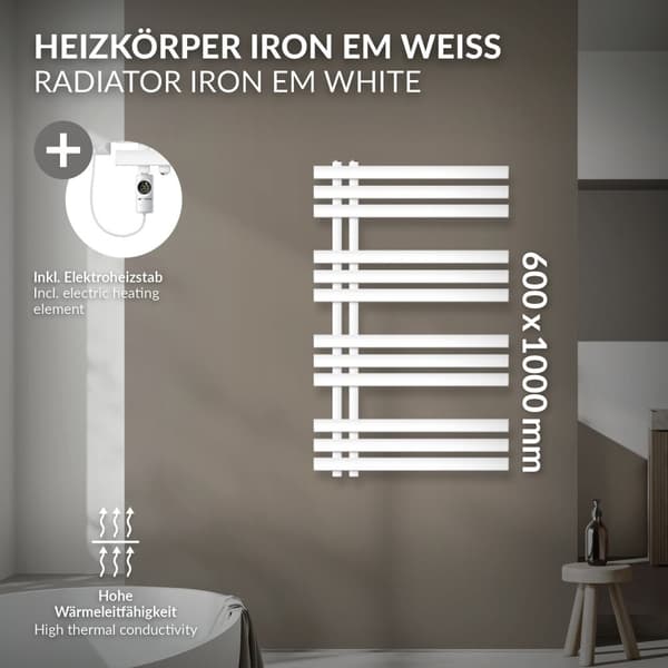LuxeBath elektrisk badrumsradiator Iron EM 600x1000 mm vit med värmeelement 300W termostat digital display, handduksradiator med värmepatron,