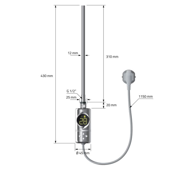 LuxeBath elektrisk badrumsradiator Iron EM 500x1000mm krom med värmeelement 300W termostat digital display, handduksradiator med värmepatron,