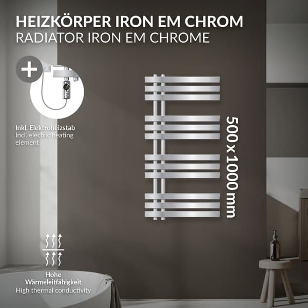 LuxeBath elektrisk badrumsradiator Iron EM 500x1000mm krom med värmeelement 300W termostat digital display, handduksradiator med värmepatron,
