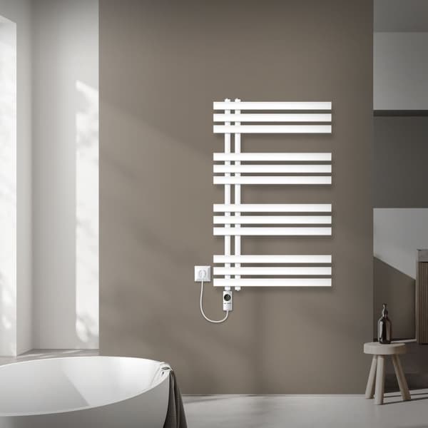 LuxeBath elektrisk badrumsradiator Iron EM 600x1000 mm vit med värmeelement 300W termostat digital display, handduksradiator med värmepatron,