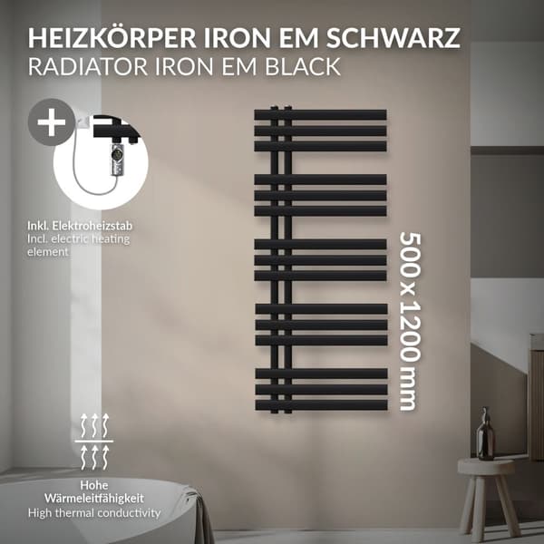 LuxeBath elektrisk badeværelsesradiator IronEM 500x1200mm sort mat inkl. varmeelement 1200W krom med termostat digitalt display, håndklæderadiator