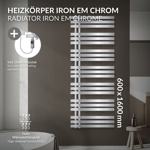 LuxeBath elektrisk badeværelsesradiator Iron EM 600x1600 mm krom med varmeelement 1200W termostat digitalt display, håndklæderadiator med