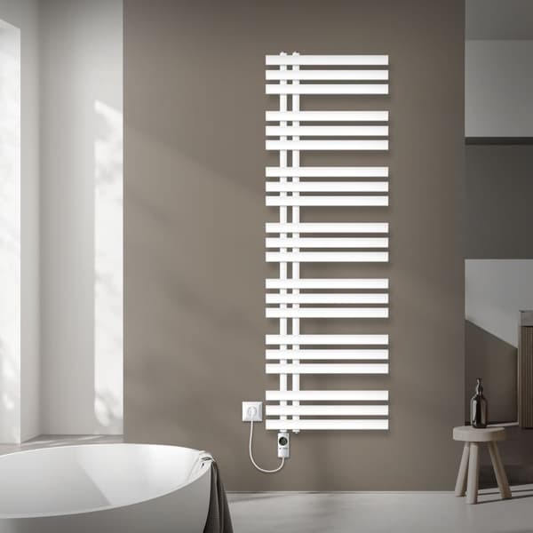 LuxeBath elektrisk badrumsradiator Iron EM 500x1600 mm vit med värmeelement 900W termostat digital display, handduksradiator med värmepatron,