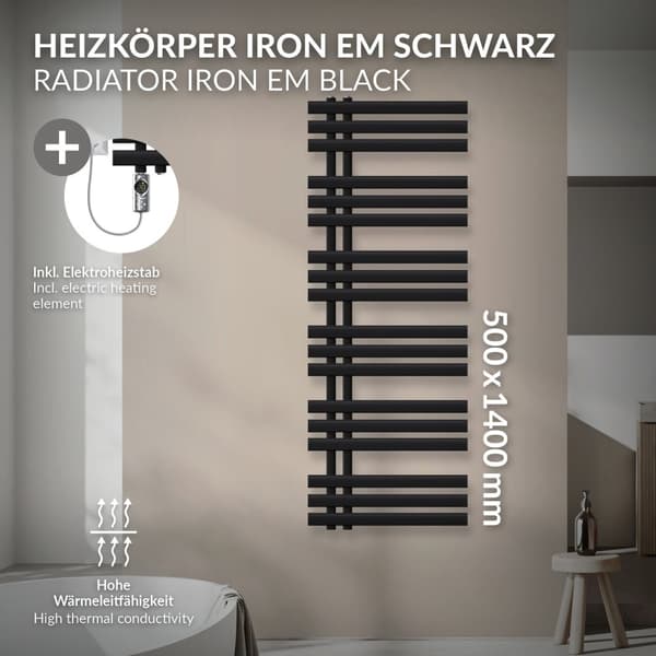 LuxeBath elektrisk badeværelsesradiator Iron EM 500x1400 mm sort med varmeelement krom 1200W termostat digitalt display, håndklæderadiator med