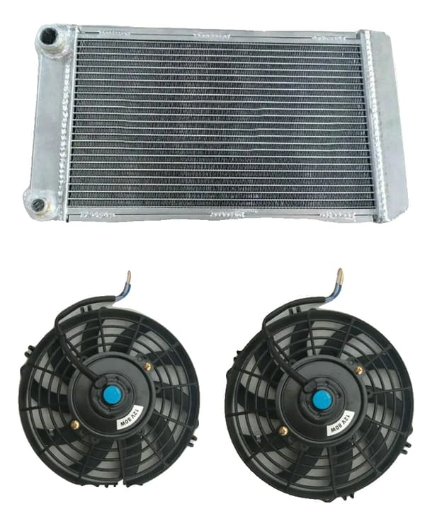 Alumiinijäähdytin MG MIDGET 1500:lle, ydinmitat 420 × 260 mm, kokonaismitat 550 × 285 mm,puhaltimilla varustettu jäähdytin