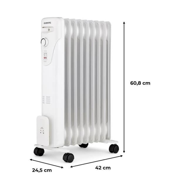 Elektrisk oliefyldt radiator - 2000 Watt - OCEANIC - 3 effekter - 9 elementer - Mobil - Hvid