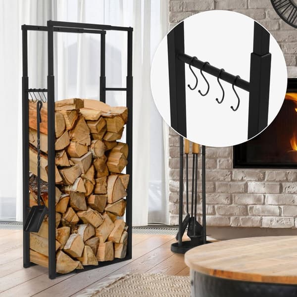 ML-Design Justerbart vedställ metall svart, 9 storlekar justerbara, vedförvaring med 4 krokar, vedställ stål, vedställ inomhus/utomhus vedhållare