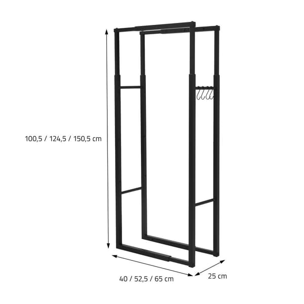 ML-Design Justerbart vedställ metall svart, 9 storlekar justerbara, vedförvaring med 4 krokar, vedställ stål, vedställ inomhus/utomhus vedhållare