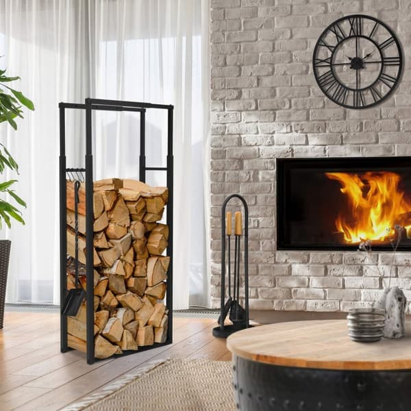 ML-Design Justerbart vedställ metall svart, 9 storlekar justerbara, vedförvaring med 4 krokar, vedställ stål, vedställ inomhus/utomhus vedhållare