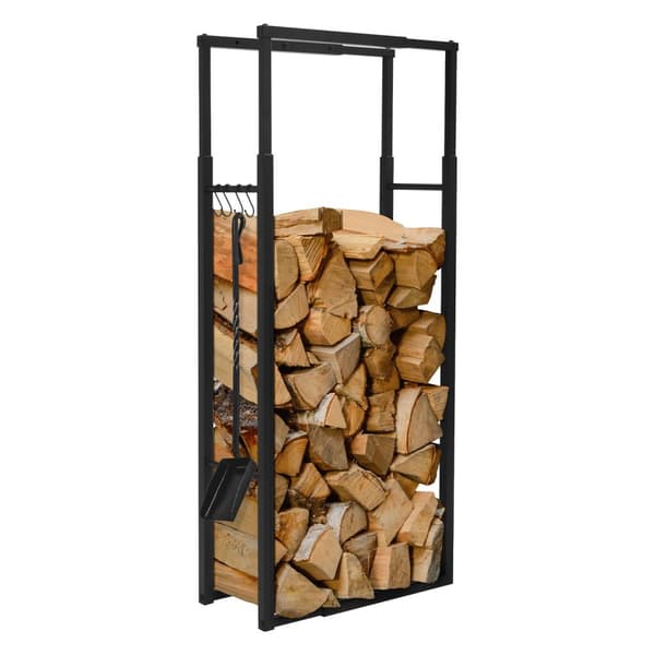 ML-Design Justerbart vedställ metall svart, 9 storlekar justerbara, vedförvaring med 4 krokar, vedställ stål, vedställ inomhus/utomhus vedhållare