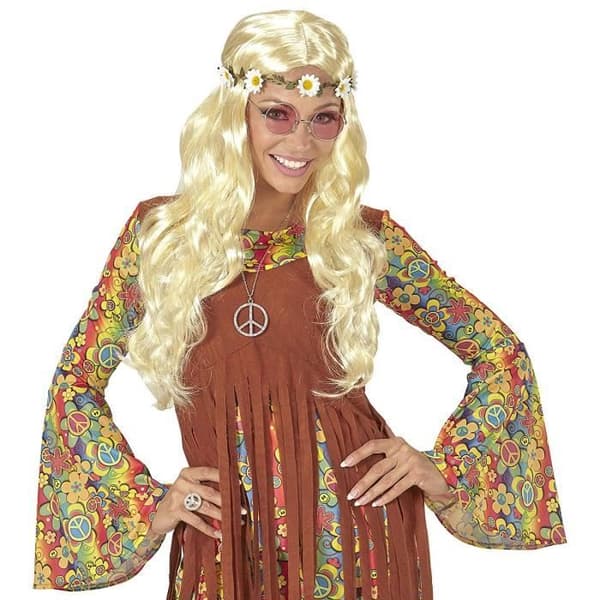 Widmann Hippie eller medeltida peruk med blommor pannband i väska, One Size - 04658