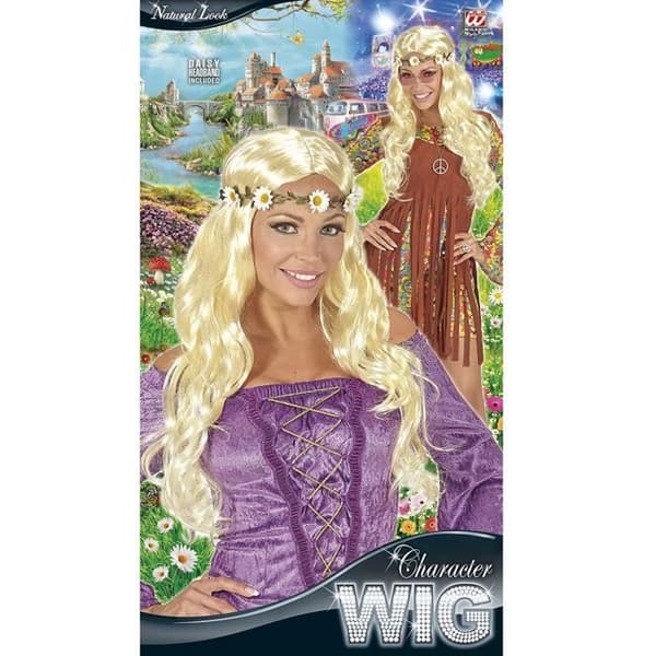 Widmann Hippie eller medeltida peruk med blommor pannband i väska, One Size - 04658