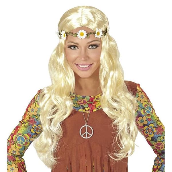 Widmann Hippie eller medeltida peruk med blommor pannband i väska, One Size - 04658