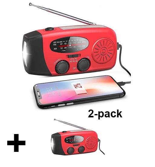 2 pack Nödradio / Vevradio med solceller ficklampa 2000mAh Li Batteri