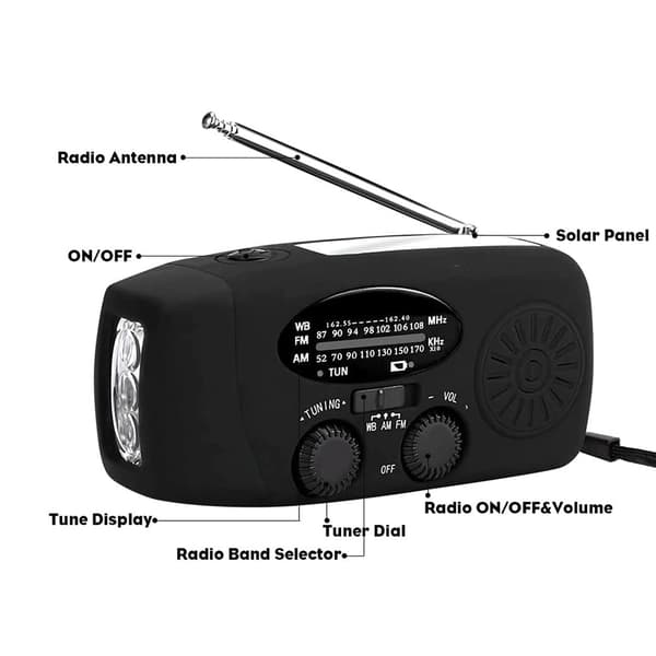 Hätäradio dynamolla ja aurinkokennolla - kampiradio, jossa on taskulamppu, hätäsignaali ja USB-lataus