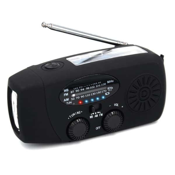 Hätäradio dynamolla ja aurinkokennolla - kampiradio, jossa on taskulamppu, hätäsignaali ja USB-lataus
