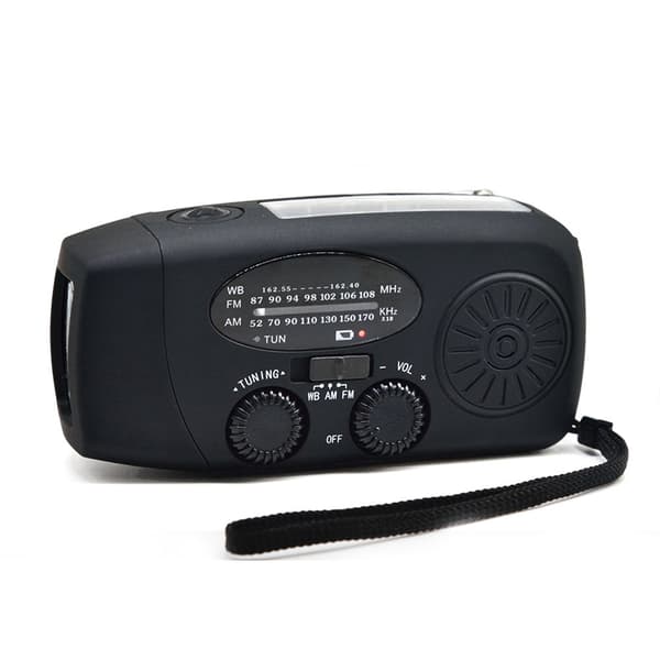 Nødradio med dynamo og solcelle - håndsvingradio med lommelygte, nødsignal og USB-opladning