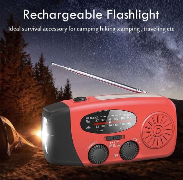 Röd Nödradio med Powerbank och ficklampa, 2000mAH