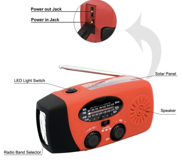 Röd Nödradio med Powerbank och ficklampa, 2000mAH
