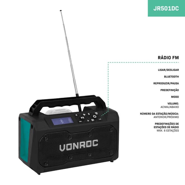 VONROC Arbejdsradio 20V - FM, bluetooth & USB | Solo |  Ekskl. akku og oplader