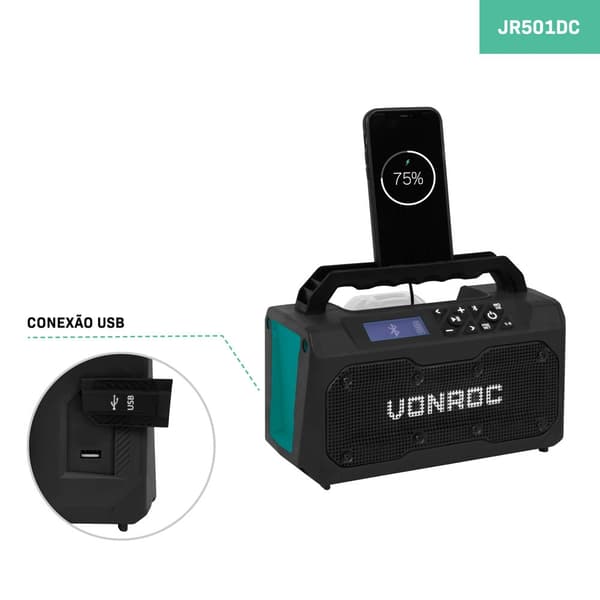 VONROC Arbejdsradio 20V - FM, bluetooth & USB | Solo |  Ekskl. akku og oplader